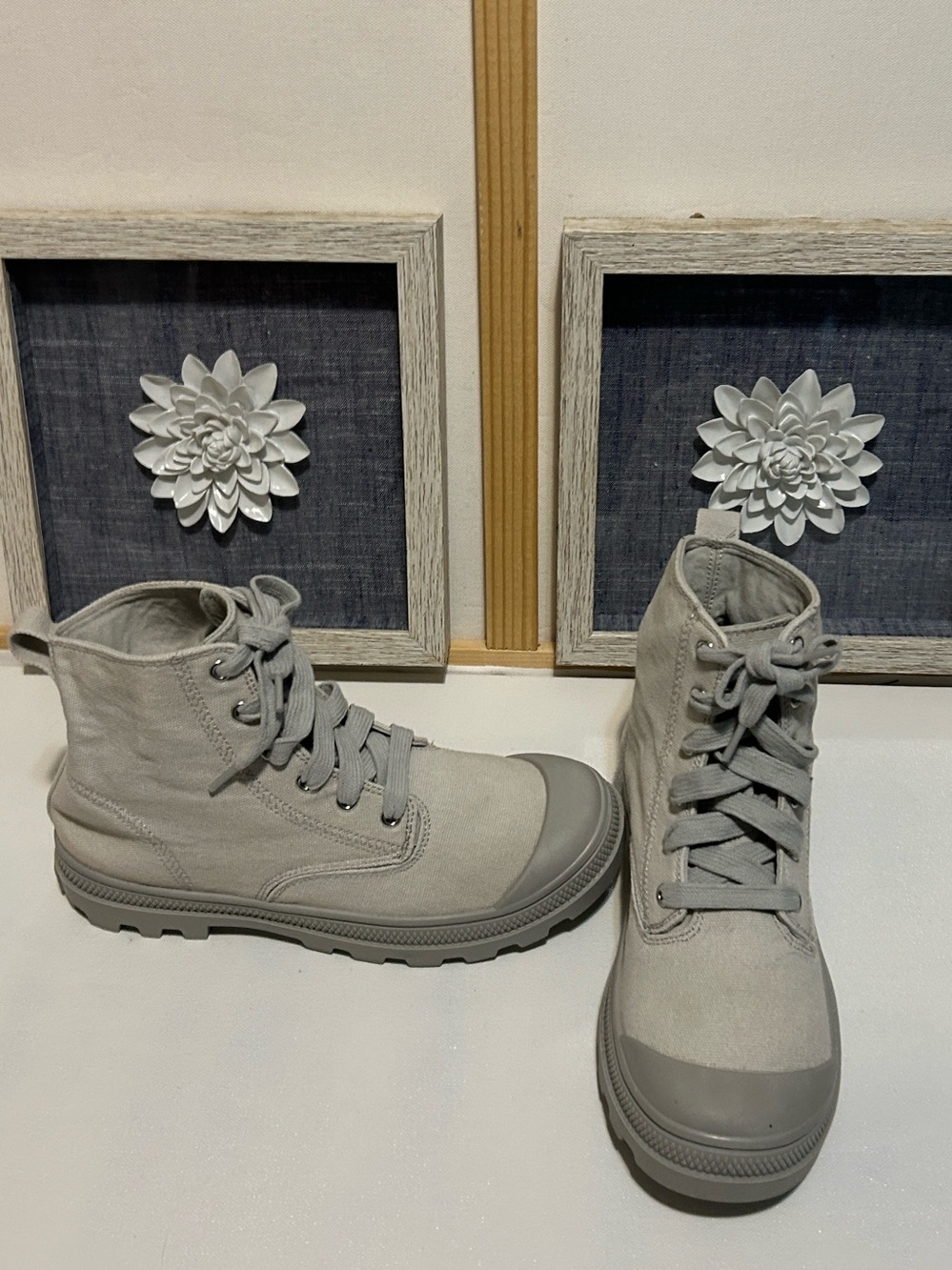 Womens Grey Canvas Lace-Up Ankle Boots